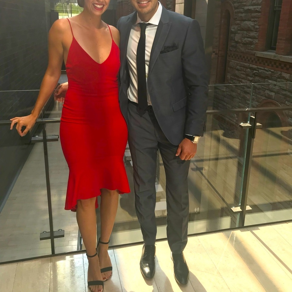 Women’s Red Midi Slip Dress with Flounced Hem Italy Parisian Luxury Cocktail